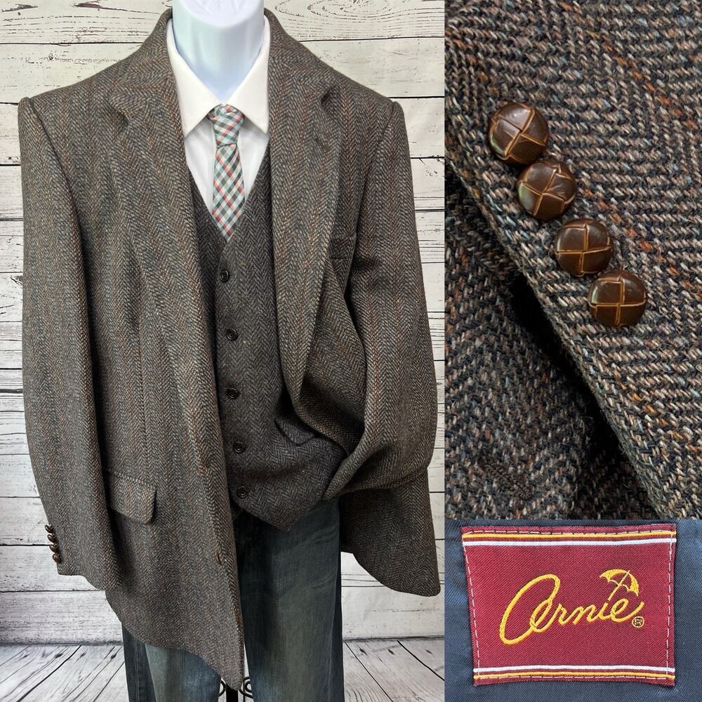 Arnie 2 Button Tweed Sport Coat Mens 44L Jacket Blazer Herringbone Wool